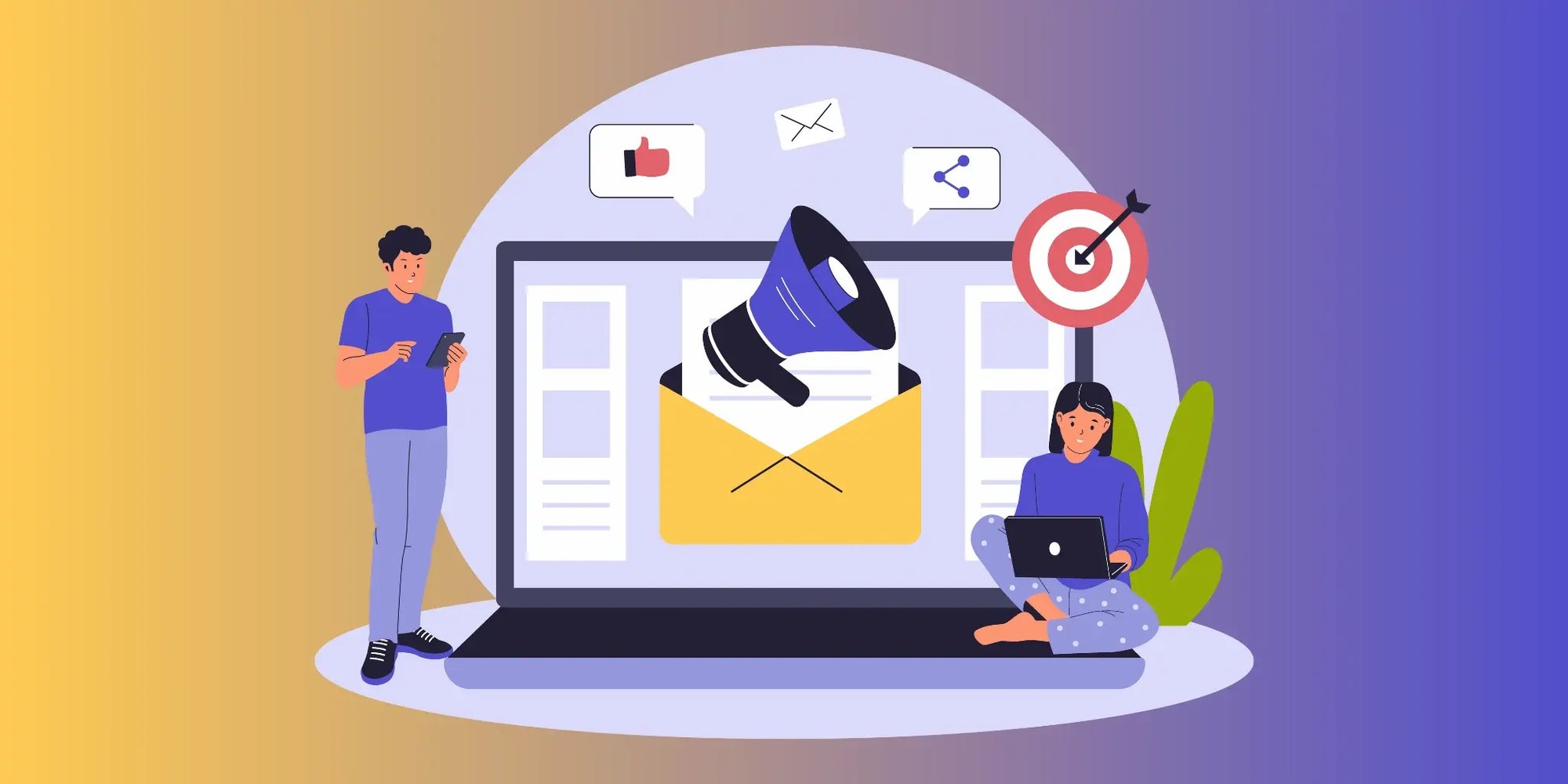 Illustration eines Laptops mit E Mail und Megafon, dazu Personen und Social Media Icons. Symbol für Newsletter Marketing und Online Sichtbarkeit.