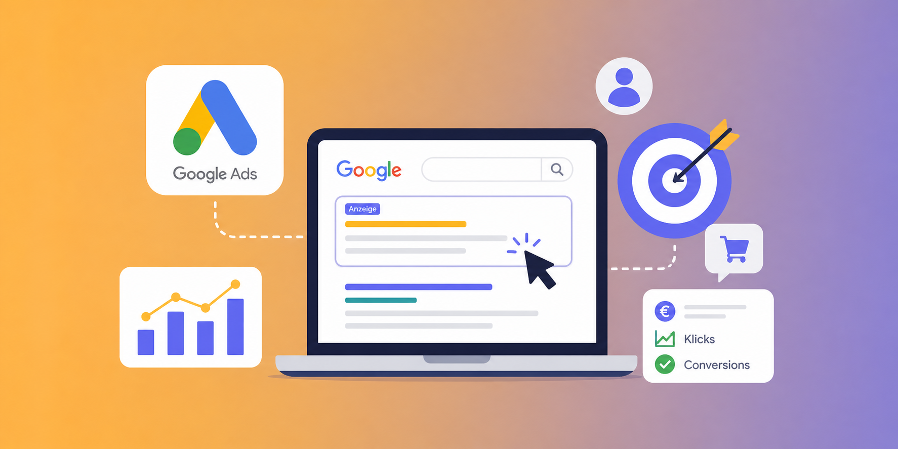Google Ads für KMU Illustration mit Laptop, Anzeige, Zielscheibe und Conversion-Symbolen