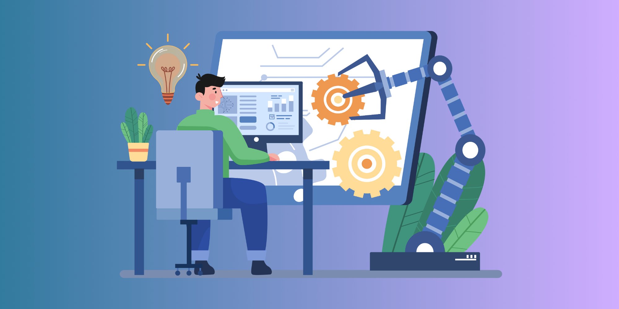 Illustration von einem Mann der am Schreibtisch vor einem Laptop sitzt und ein Roboterarm.