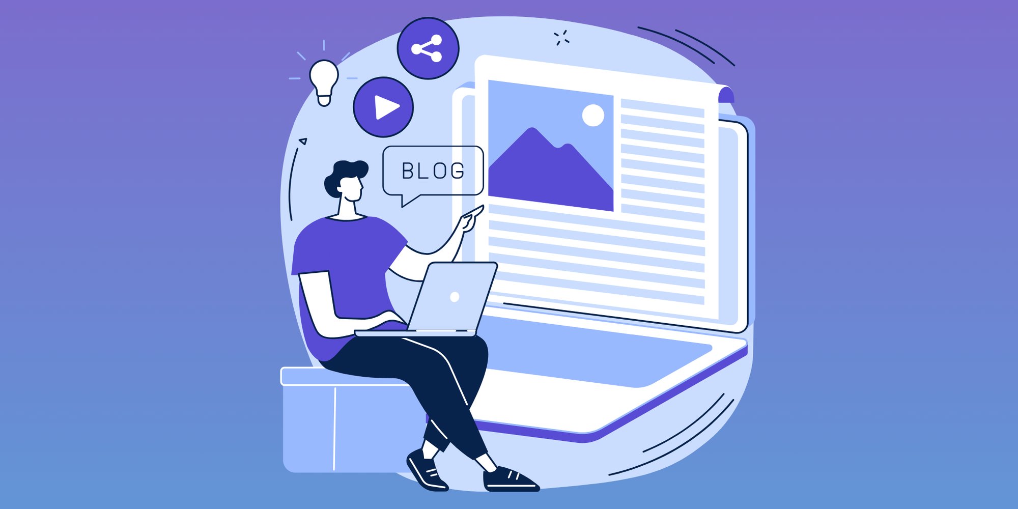 Illustration eines Mannes, der mit einem Laptop auf den Knien vor einem großen Monitor sitzt, auf dem ein Blog-Layout zu sehen ist.