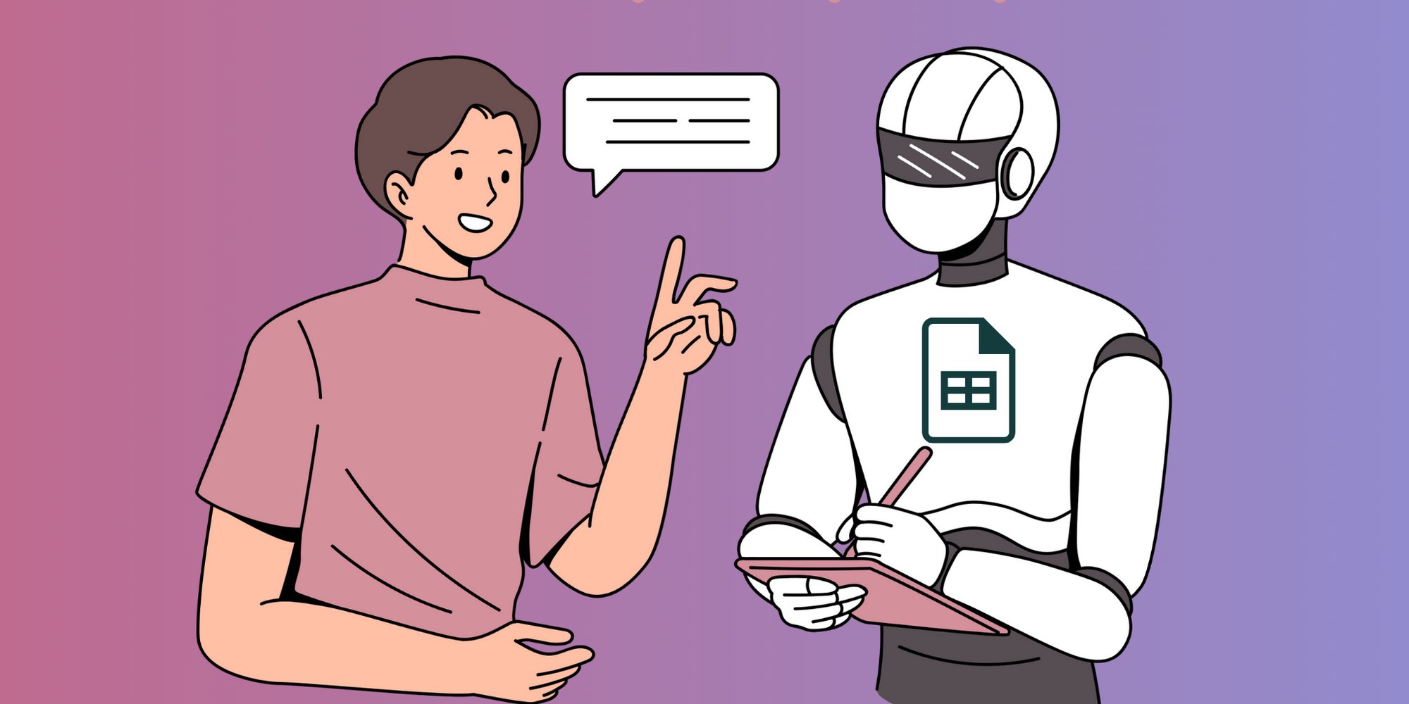 Illustration eines Mannes, der sich mit einem Roboter unterhält. Der Roboter schreibt auf einem Block mit.
