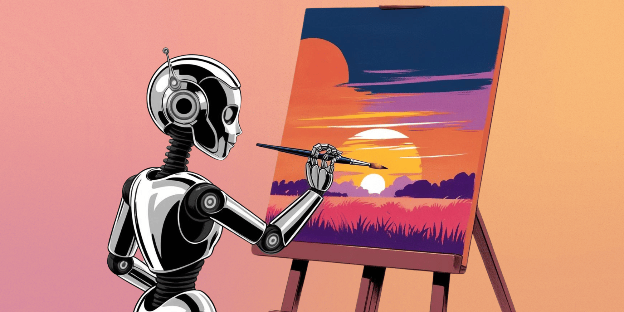 Ein Roboter malt mit einem Pinsel an einer Staffelei ein Bild von einem Sonnenaufgang.