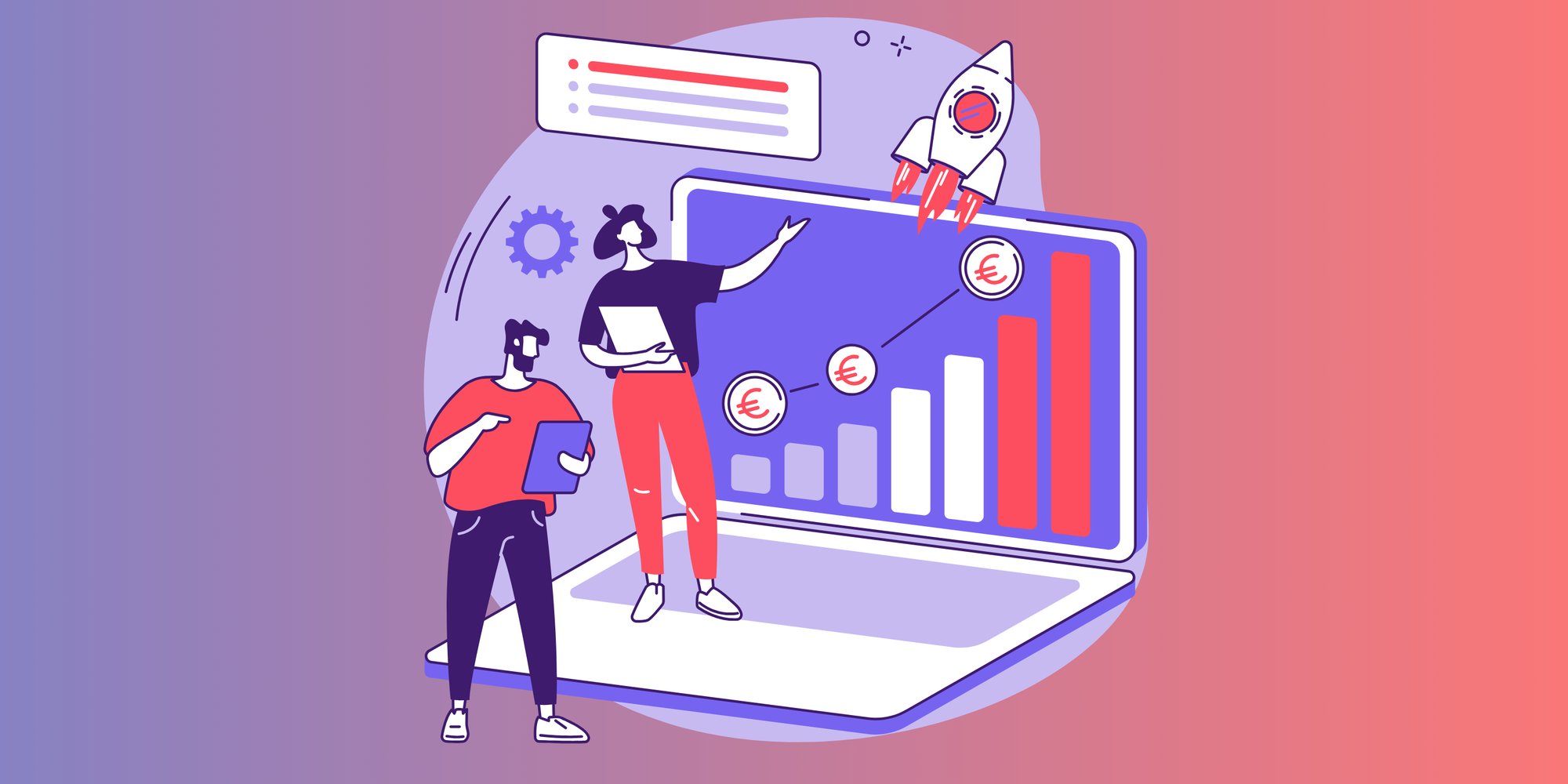 Illustration eines großen Notebooks, vor dem zwei Personen stehen, die eine Erfolgskurve auf dem Monitor betrachten.
