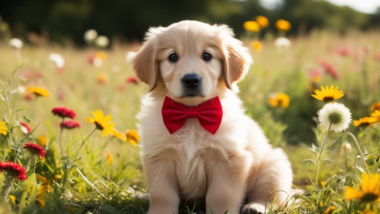 Ein Golden Retriever Welpe mit einer roten Fliege, der auf einer Wiese sitzt und in die Kamera schaut.