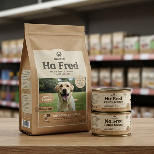 Eine braune Tüte mit Hundefutter neben zwei Futterdosen auf einem Holztresen.
