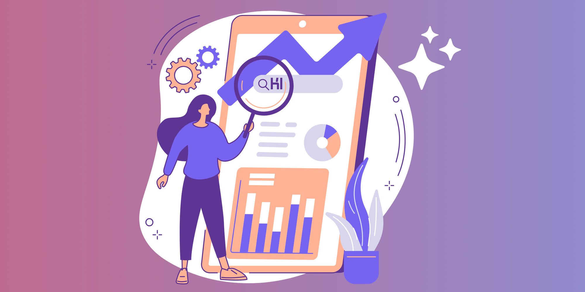 Illustration einer Frau, die mit einer Lupe in der Hand ein Tablet-Display betrachtet, auf dem verschiedene Diagramme zusehen sind.
