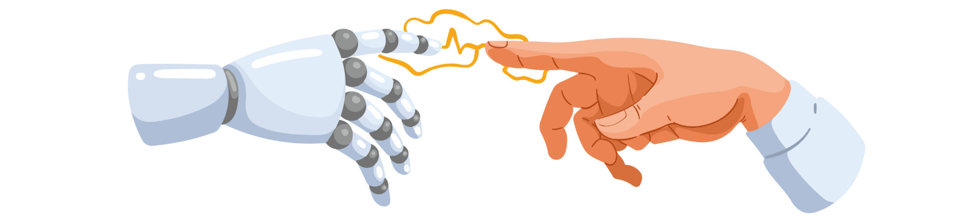 Roboter und Menschenhand berühren sich mit dem Zeigefinger. Dazwischen blitzt es.