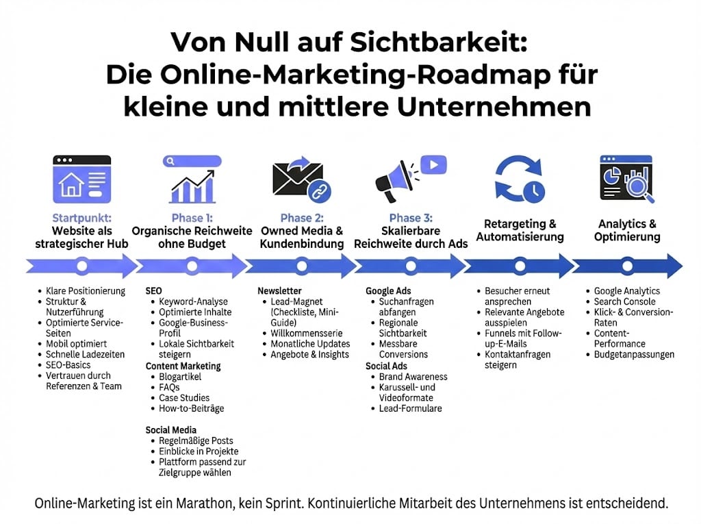 Infografik mit dem Titel: „Von Null auf Sichtbarkeit. Die Online Marketing Roadmap für kleine und mittlere Unternehmen.“  Der Hintergrund ist weiß. Die Inhalte sind schwarz und blau gestaltet. Die Grafik zeigt eine horizontale Timeline mit sechs aufeinanderfolgenden Schritten zum Aufbau von Online Sichtbarkeit. Jeder Abschnitt enthält ein Icon und mehrere Stichpunkte.