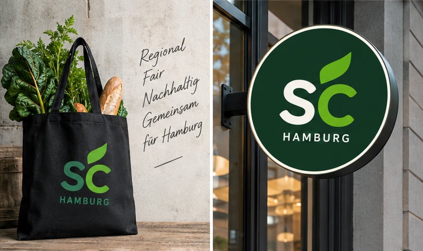SuperCoop Hamburg Branding mit schwarzer Einkaufstasche und grünem SC-Logo sowie rundem Ladenschild. SuperCoop Hamburg Branding mit schwarzer Einkaufstasche und grünem SC-Logo sowie rundem Ladenschild.