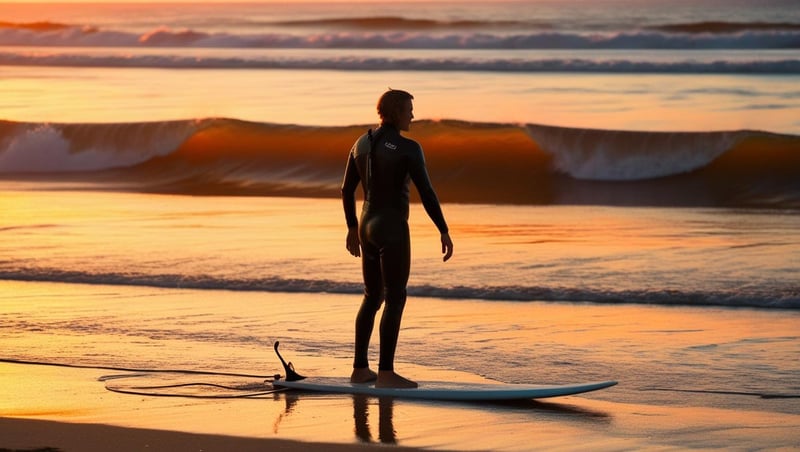 Ein Surfer am Strand während der goldenen Stunde mit orangenen Lichtreflexen.