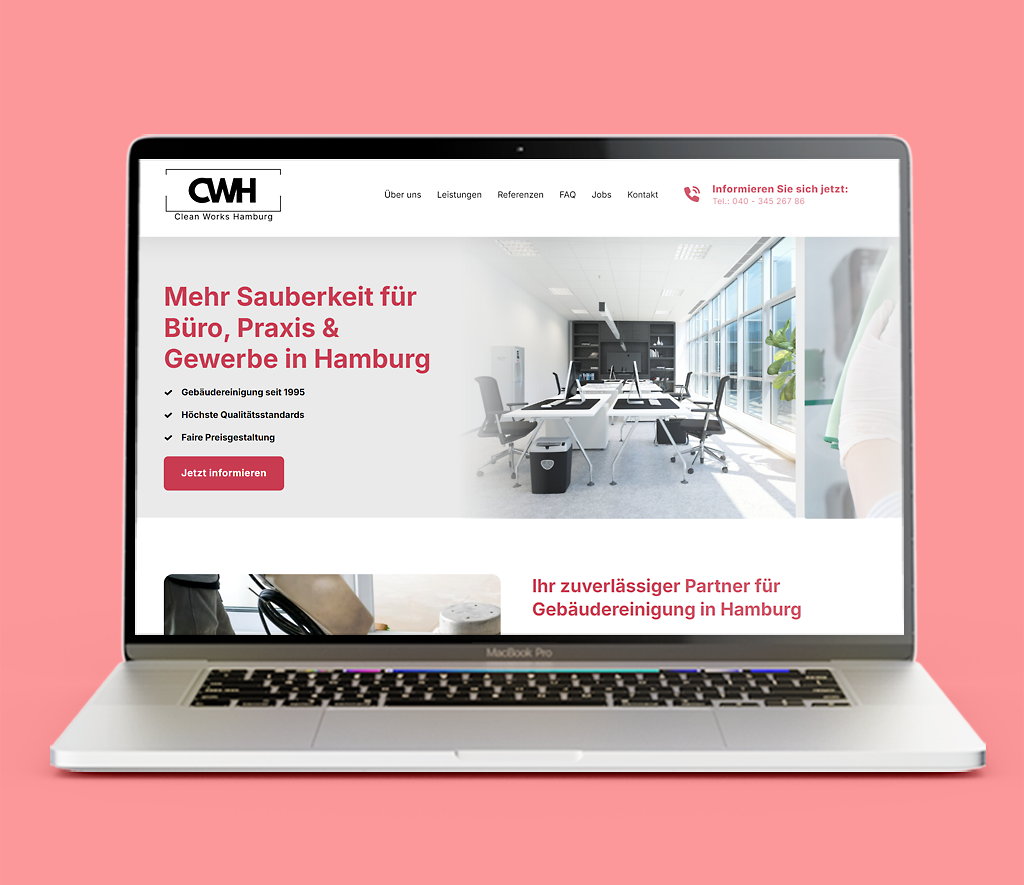 Laptop mit Startseite von CWH Reinigungsfirma