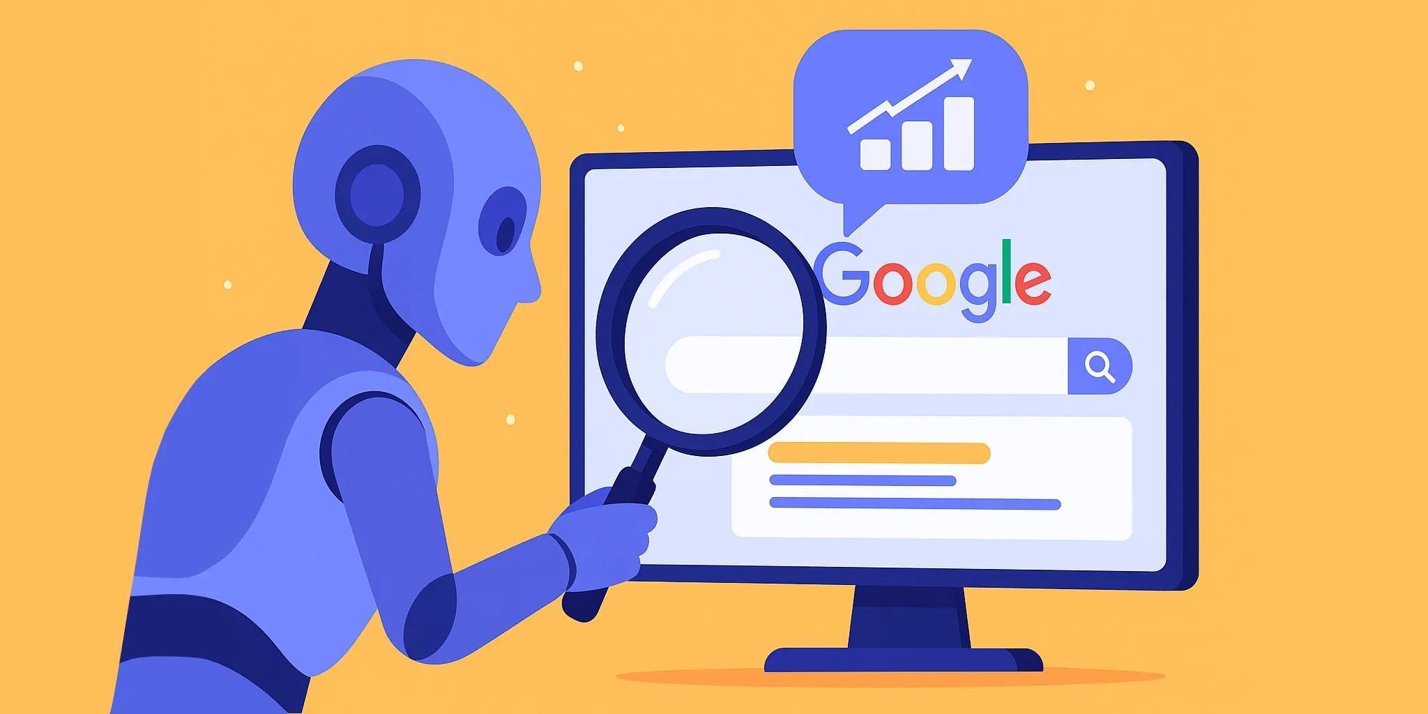 Illustration eines KI-Roboters, der mit einer Lupe auf einen Computerbildschirm mit Google-Suchergebnissen schaut. Symbolische Darstellung dafür, wie künstliche Intelligenz die Google-Suche und Rankings beeinflusst.