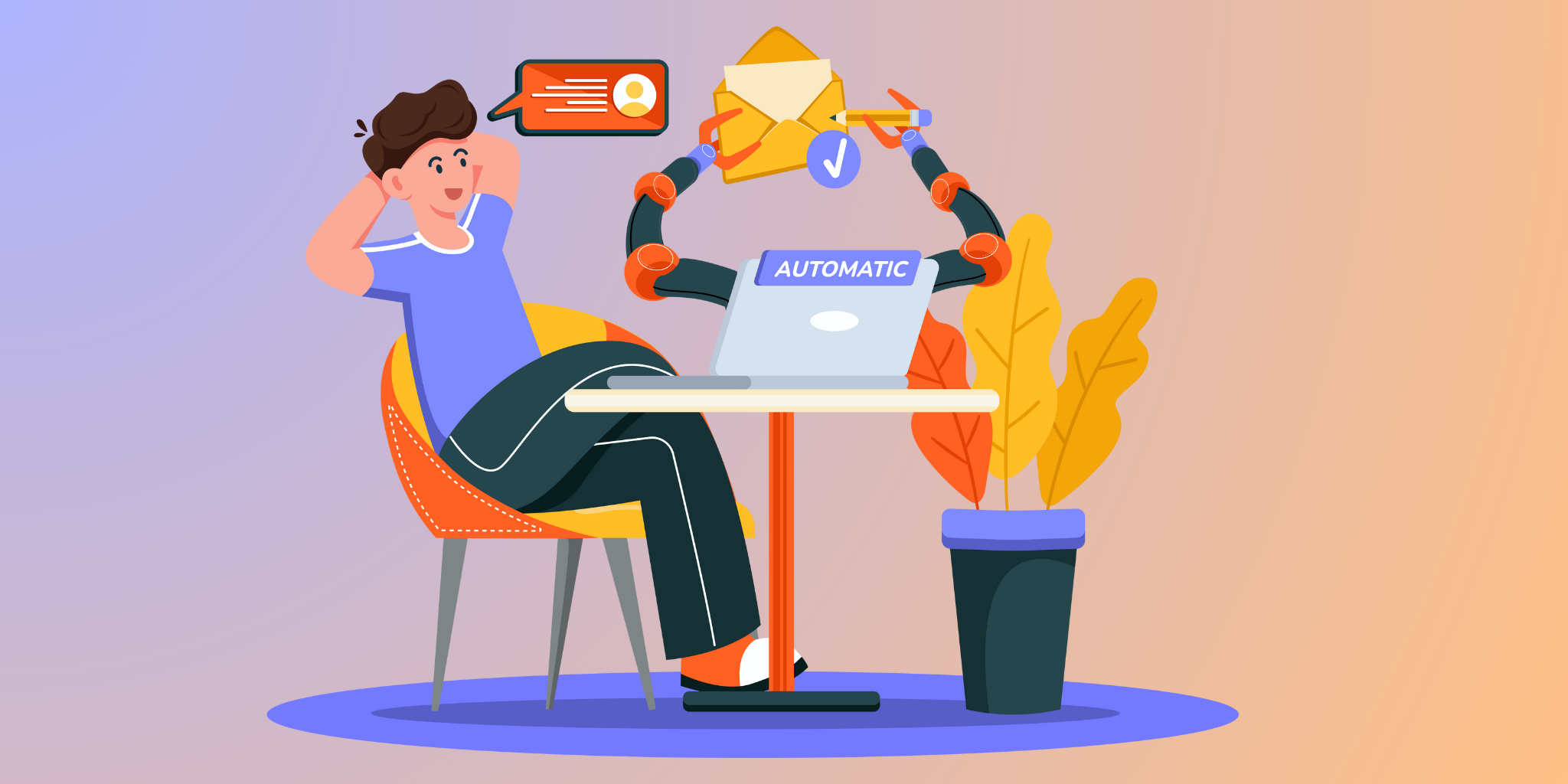 Ein Mann sitzt entspannt und zurückgelehnt vor einem Schreibtisch, während Roboterarme, die aus dem Laptop vor ihm kommen, einen Briefumschlag hochhalten. Auf dem Laptop steht Automatic.