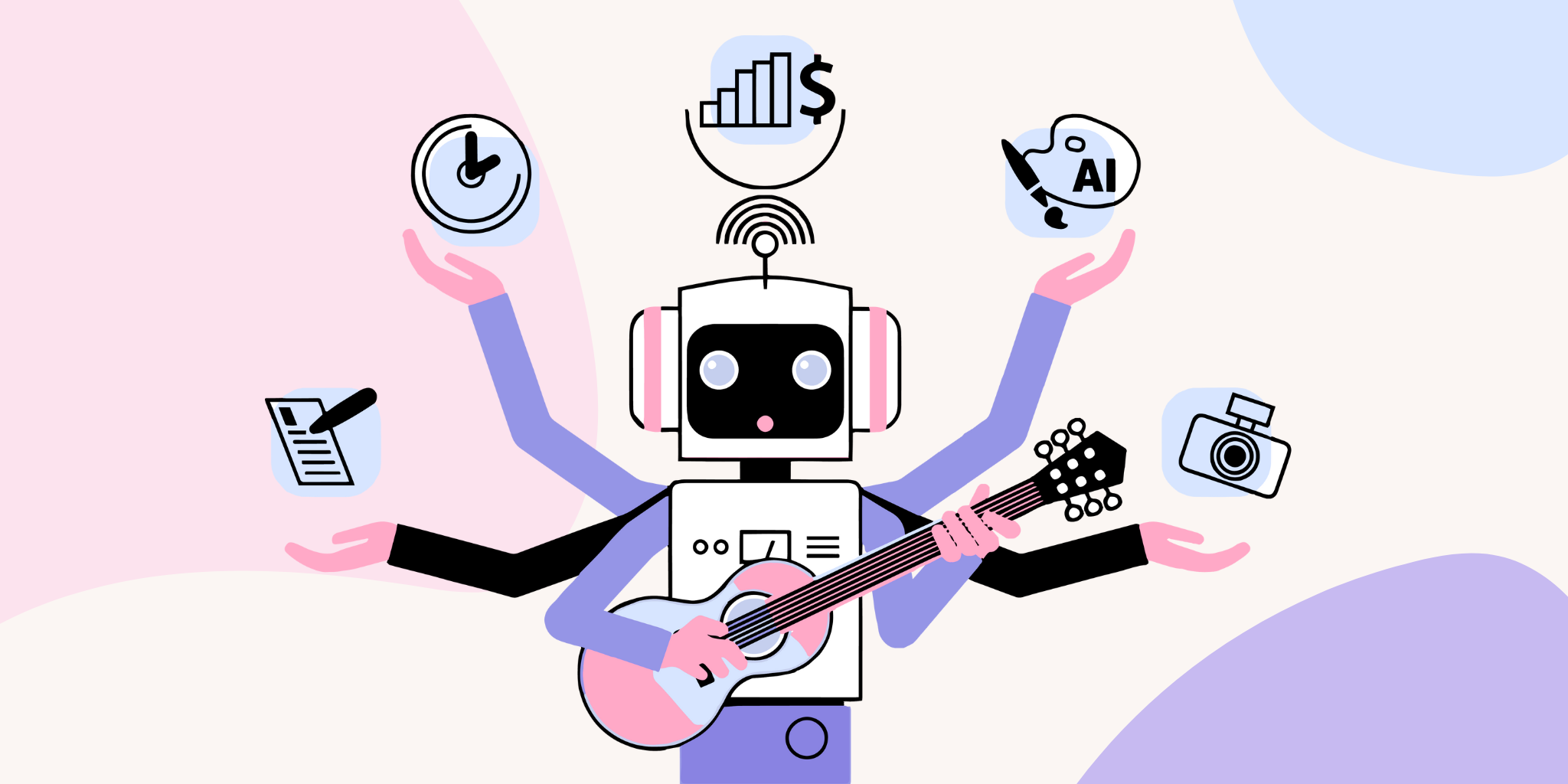 Ein niedlicher Roboter mit sechs Armen spielt Gitarre, während er mit den restlichen Armen verschiedenen Symbole jongliert. Die Symbole stehen für Schreiben, Malen, Fotografieren, Zeitmanagement und Analyse.