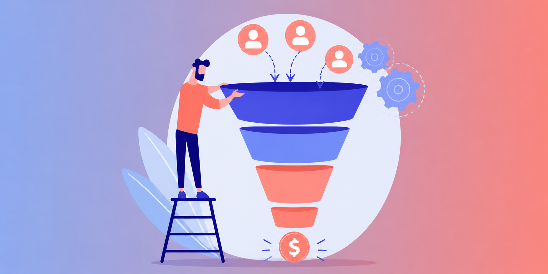 Illustration eines Marketing Funnels. Person baut Trichter auf, Nutzer fließen hinein, unten entsteht Umsatz. Minimaler Flat Design Stil.