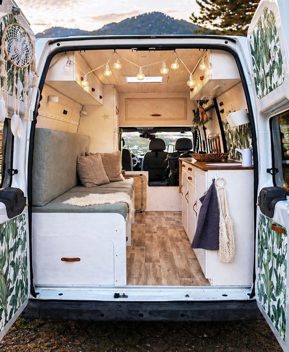 Gemütlich ausgebauter Campervan Innenraum mit Sitzbank, Küchenzeile und Lichterkette, Vanlife Ausbau mit Holzoptik, Blick in den Fahrerbereich, Naturkulisse mit Bergen im Hintergrund, moderner DIY Camper Ausbau für Reisen und Vanlife Lifestyle